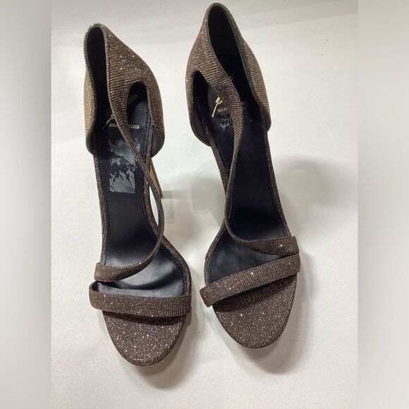 Brian Atwood Consort Iridescent Glitter Stiletto Heel Sandals Bronze Size 9 - Picture 11 of 11